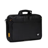 Bolso maletín multipropósito Caterpillar color negro, con asas superiores y laterales, bolsillo frontal con cierre, detalles en amarillo y logo de la marca.