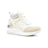 Botas urbanas negras de caña alta con plataforma blanca y detalle metálico plateado en el talón.