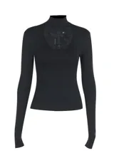 Remera de manga larga negra con cuello alto, confeccionada en viscosa y elastano. Presenta un panel frontal de encaje transparente en el pecho con un aplique de cruz bordada y detalles de cruces en las mangas.
