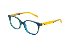 Armazón para lentes de acetato azul con interior celeste y patillas amarillas con estampado de los Minions.