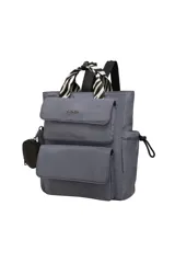 Mochila Trendy gris de nailon con múltiples bolsillos frontales con solapa, asas superiores de mano con estampado animal print tipo zebra, tirantes ajustables para la espalda y un monedero circular colgante.