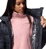 Campera puffer Columbia modelo Pike Lake, color negro, con tecnología termorreflectante Omni-Heat y tejido repelente Omni-Shield. Cuenta con cierre frontal bidireccional, cuello alto con protección de barbilla, bolsillos laterales con cierre, bolsillo interior de seguridad, puños elásticos y dobladillo ajustable con cordón.
