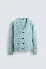 Cárdigan de punto con mezcla de algodón, de corte relajado y cuello en pico. Presenta un diseño con efecto de roturas y acabado jaspeado en tonos azul y blanco, con cierre frontal de botones y puños y bajo en rib.