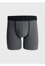 Pack de tres boxers de algodón con cintura elástica. Incluye un modelo liso azul marino, un modelo a rayas horizontales azul y gris, y un modelo liso gris melange.