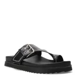 Sandalias negras Miss Carol modelo Funi, estilo dedo con plataforma baja y suela dentada. Cuenta con una tira ancha cruzada ajustable mediante una hebilla metálica grande y detalles de costuras blancas a la vista.