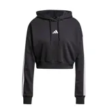 Buzo canguro corto Adidas Essentials French Terry negro con capucha y cordón ajustable. Presenta las tres tiras blancas características de la marca en las mangas.