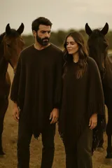 Poncho unisex marrón de lana merino con flecos.