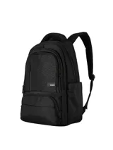 Mochila urbana color negro con múltiples compartimentos, incluyendo espacio dedicado para laptop, bolsillos laterales porta botella y enganche para valija.