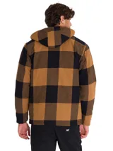 Chaqueta tipo camisa de franela con capucha, diseño a cuadros en tonos marrón y negro. Cuenta con cierre frontal a presión, bolsillos en el pecho con solapa y bolsillos laterales. Incluye logo de la marca en el bolsillo izquierdo.