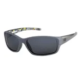 Lentes de sol Caterpillar con marco gris mate de diseño deportivo y envolvente. Presentan patillas con detalle de estampado camuflado en el interior y logo de la marca en el lateral.