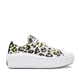 Championes Converse All Star Move con plataforma, capellada de lona estampada con animal print en tonos blanco, negro, amarillo, celeste y fucsia.
