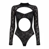 Body de encaje negro con mangas largas, cuello alto y aberturas cut-out en el pecho y el abdomen.