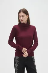 Polera de lyocell color negro, con cuello alto y ajuste al cuerpo, de manga larga.