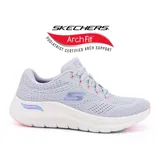 Championes deportivos Skechers Arch Fit 2.0 Big League, color gris claro con detalles en rosa. Capellada de malla técnica, cordones, plantilla Arch Fit removible con soporte de arco certificado por podólogos y entresuela acolchada.