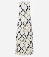 Vestido midi evasé sin mangas, confeccionado en viscolino con 30% de lino. Presenta un estampado abstracto con formas irregulares en tonos degradé.