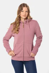 Canguro negro con capucha, cierre frontal y bolsillos laterales.