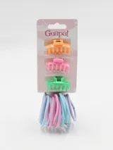 Pack de accesorios para el pelo que incluye tres pinzas de garra pequeñas en colores pastel (naranja, rosado y verde) y doce coleros elásticos en tonos pastel (celeste, rosado y lila).