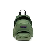 Mochila JanSport modelo Half Pint Mini, color verde oliva, con logo de la marca en el frente, asa de mano superior y bolsillo frontal con cierre.
