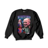 Buzo negro de cuello redondo con estampado estilo bootleg en el frente que incluye personajes icónicos y el texto Muertevideo.