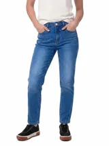 Pantalón de jean estilo clásico de tiro alto con diseño de cinco bolsillos y corte recto en la pierna, color azul indigo.
