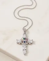 Collar de plata 925 con cadena fina y dije en forma de cruz decorado con circonias blancas transparentes y piedras multicolor en el centro.