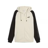 Campera deportiva Puma color beige con mangas negras, cierre frontal completo, capucha con cordón ajustable, logo de Puma bordado en el pecho y estampado con líneas verticales en la manga derecha.