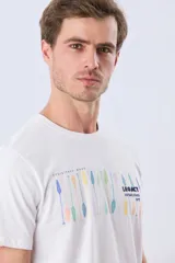 Remera de manga corta color gris, con cuello redondo y estampado frontal multicolor con diseño de remos y tipografía de la marca.