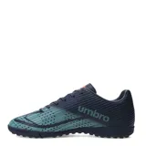 Championes de fútbol Umbro Borel Club TF para hombre, color azul marino con diseño estampado en celeste y detalles en naranja.