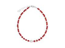 Pulsera de plata 925 con cuentas facetadas de cristal rojo y cuentas cuadradas de plata, con una perla redonda como pieza central.