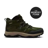 Bota de trekking Hi-Tec modelo Adriel, color verde oliva con detalles en negro y suela beige. Cuenta con tecnología impermeable y plantilla de memory foam para mayor confort.