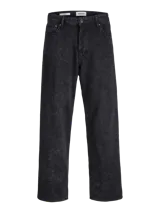 Pantalón de corte baggy y tiro alto, confeccionado en denim con efecto lavado ácido en color negro. Presenta una silueta amplia y relajada, con bolsillos funcionales y cierre frontal.