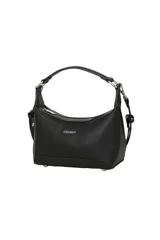 Cartera Trendy de cuero sintético negro tipo hobo, con cierre superior, asa corta de mano y herrajes metálicos plateados. Presenta el nombre de la marca impreso en el frente.