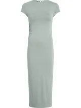 Vestido midi Calvin Klein Jeans color verde claro, de corte ajustado, con cuello redondo, mangas cortas, frunce lateral y abertura en el ruedo.
