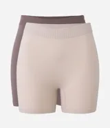Pack de dos bombachas tipo boyshort confeccionadas en poliamida seamless con textura acanalada y cintura elástica ancha. Diseño sin costuras para mayor confort.