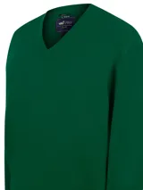 Sweater de punto con escote en V y manga larga, confeccionado en una mezcla de lana y cashmere. Presenta un diseño clásico de calce regular con puños y ruedo acanalados.