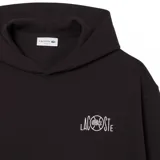 Buzo canguro Lacoste de algodón con capucha, color negro, con bolsillo frontal tipo canguro y logo de la marca estampado en el pecho.