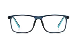 Armazón de anteojos rectangular de acetato en color azul traslúcido con detalles en turquesa en el interior de las patillas.
