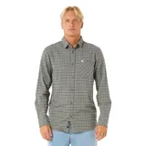 Camisa de manga larga con estampado a cuadros en tonos gris, azul y marrón. Tiene cuello clásico, bolsillo en el pecho y cierre con botones.