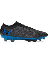Championes de fútbol Under Armour Magnetico Elite 5 FG, diseñados para un ajuste personalizado y control total. Presentan una parte superior con tecnología UA Clone, impresión 3D para mayor sensibilidad y zona de golpeo de silicona. Cuentan con cuello y lengüeta de punto para un ajuste tipo calcetín y suela ligera con tacos mixtos para superficies naturales firmes.