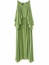 Vestido largo color verde, de corte fluido, con diseño sin mangas y capa superpuesta estilo capa que cubre los hombros y la espalda.