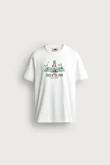 Camiseta regular fit blanca de algodón, de cuello redondo y manga corta, con estampado frontal de la colección Fruit of the Loom x Zara con temática de tenis.