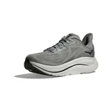 Championes de running Hoka modelo Clifton 10, color gris con detalles en negro. Presentan una parte superior de malla técnica transpirable, entresuela de espuma amortiguada y suela de goma resistente.