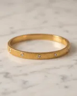 Esclava rígida de acero con baño de oro, diseño texturizado y apliques de circonias brillantes.