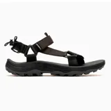 Sandalia deportiva Merrell de color negro, con diseño de tiras de tejido reciclado, sistema de ajuste con cordón elástico en el talón y suela de goma adherente con relieve para mayor tracción.