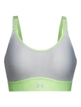 Top deportivo Under Armour de sujeción media, color gris con detalles en verde neón. Presenta tirantes ajustables con logo de la marca y banda elástica inferior con logo central.