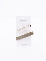 Set de dos broches para el pelo: uno rectangular con strass y otro rectangular con perlas.