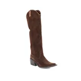 Bota texana alta de cuero color marrón, con taco cuadrado y punta fina, destacando costuras decorativas en la puntera y tiradores laterales en la caña.