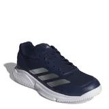 Championes deportivos Adidas modelo Court Quick P, color azul marino con las tres tiras características en plateado y suela blanca. Diseño con malla transpirable y refuerzos sintéticos.