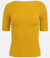 Blusa de punto acanalada color marfil, con cuello barco y mangas cortas, de corte ajustado al cuerpo de la marca Marfinno.