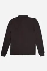 Polo de manga larga en tejido texturado color marrón, con cuello estructurado, cierre frontal de botones y detalle gráfico bordado en el pecho.